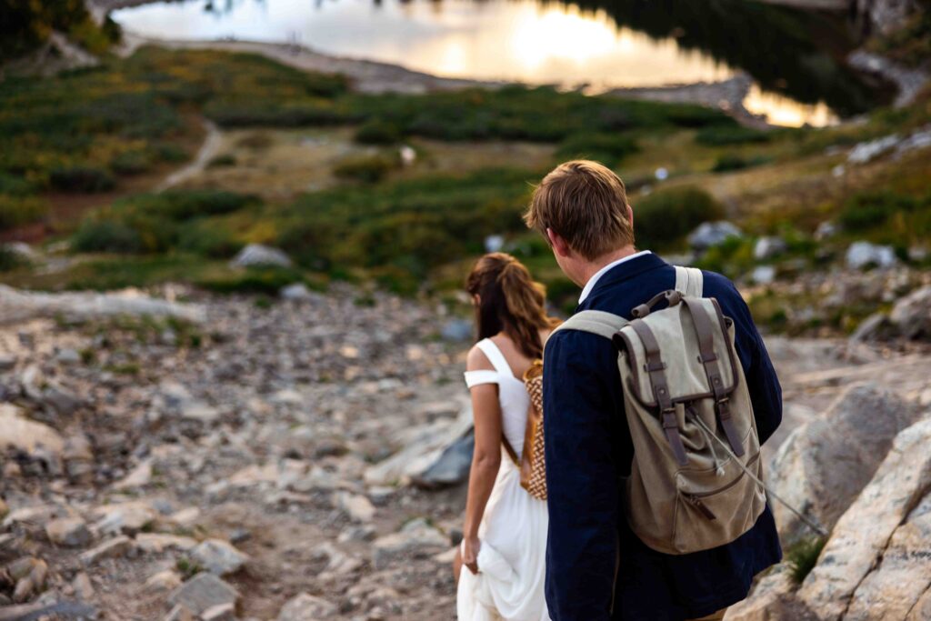 Hiking boots and wedding attire – the perfect mix of adventure and romance.