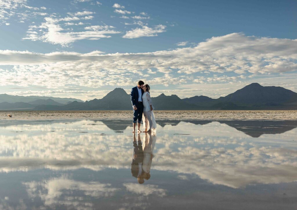 Bride’s bouquet resting on the reflective salt flats