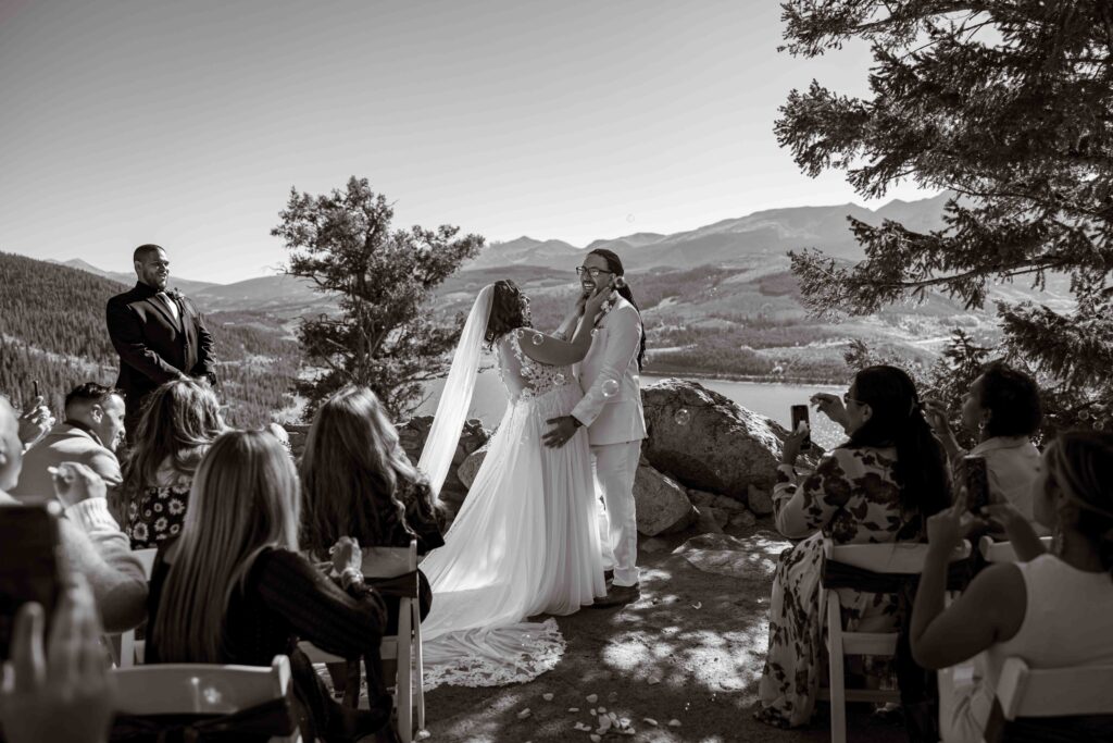 Wedding cake with elegant mountain-inspired decor.